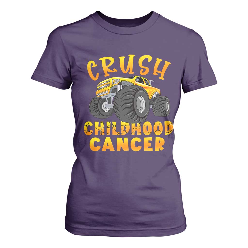 Childhood Cancer Warrior Support T Shirt For Women Crush Cancer Monster Truck Gold Ribbon