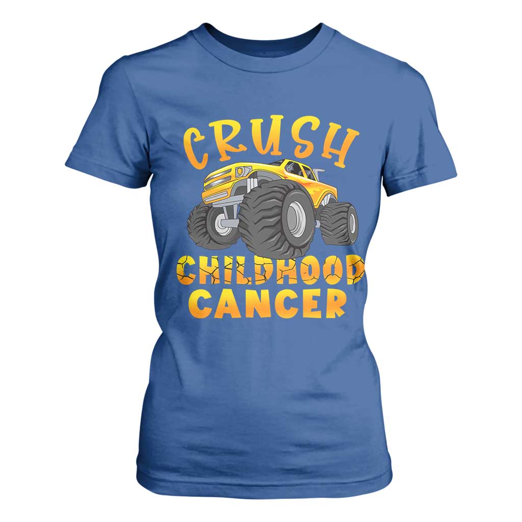 Childhood Cancer Warrior Support T Shirt For Women Crush Cancer Monster Truck Gold Ribbon