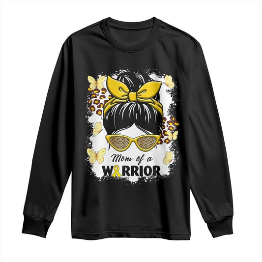 Childhood Cancer Warrior Support Long Sleeve Shirt Mom Of A Warrior Messy Bun Gold Ribbon Support Squad