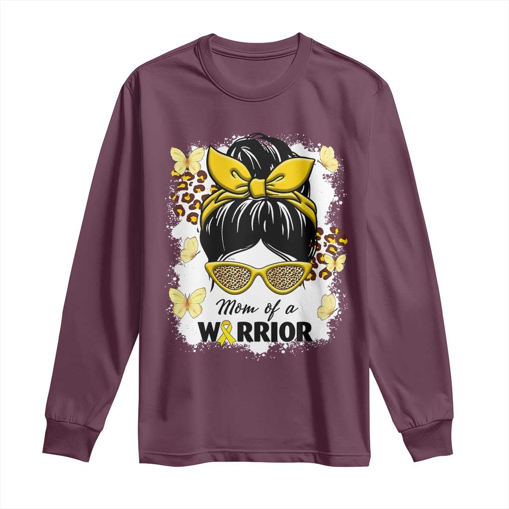Childhood Cancer Warrior Support Long Sleeve Shirt Mom Of A Warrior Messy Bun Gold Ribbon Support Squad