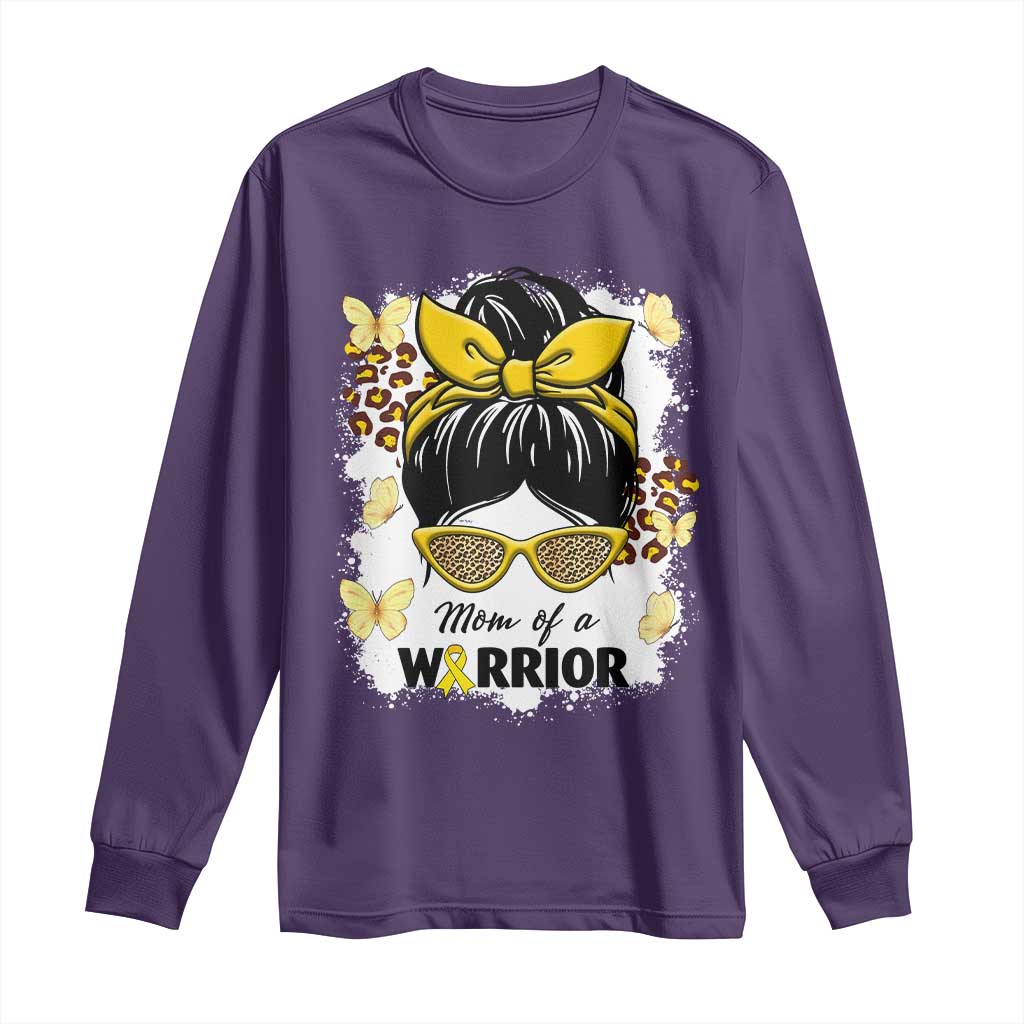 Childhood Cancer Warrior Support Long Sleeve Shirt Mom Of A Warrior Messy Bun Gold Ribbon Support Squad