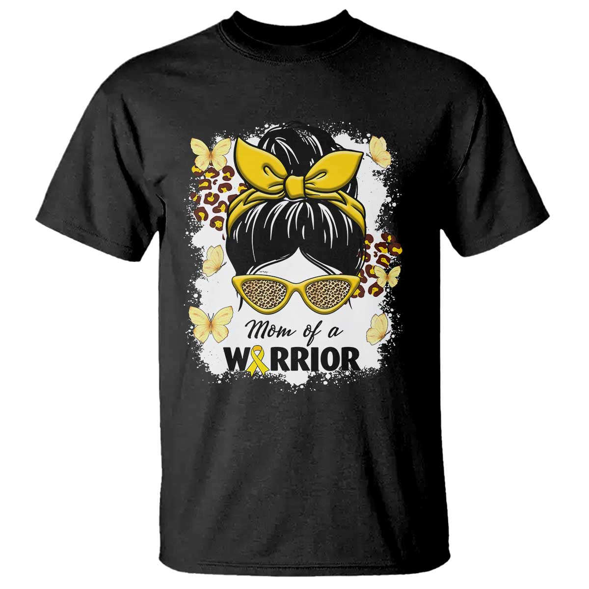 Childhood Cancer Warrior Support T Shirt Mom Of A Warrior Messy Bun Gold Ribbon Support Squad