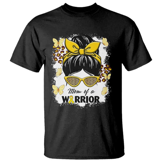 Childhood Cancer Warrior Support T Shirt Mom Of A Warrior Messy Bun Gold Ribbon Support Squad