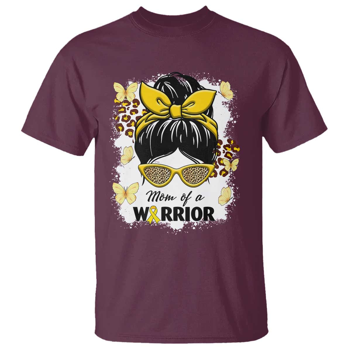 Childhood Cancer Warrior Support T Shirt Mom Of A Warrior Messy Bun Gold Ribbon Support Squad