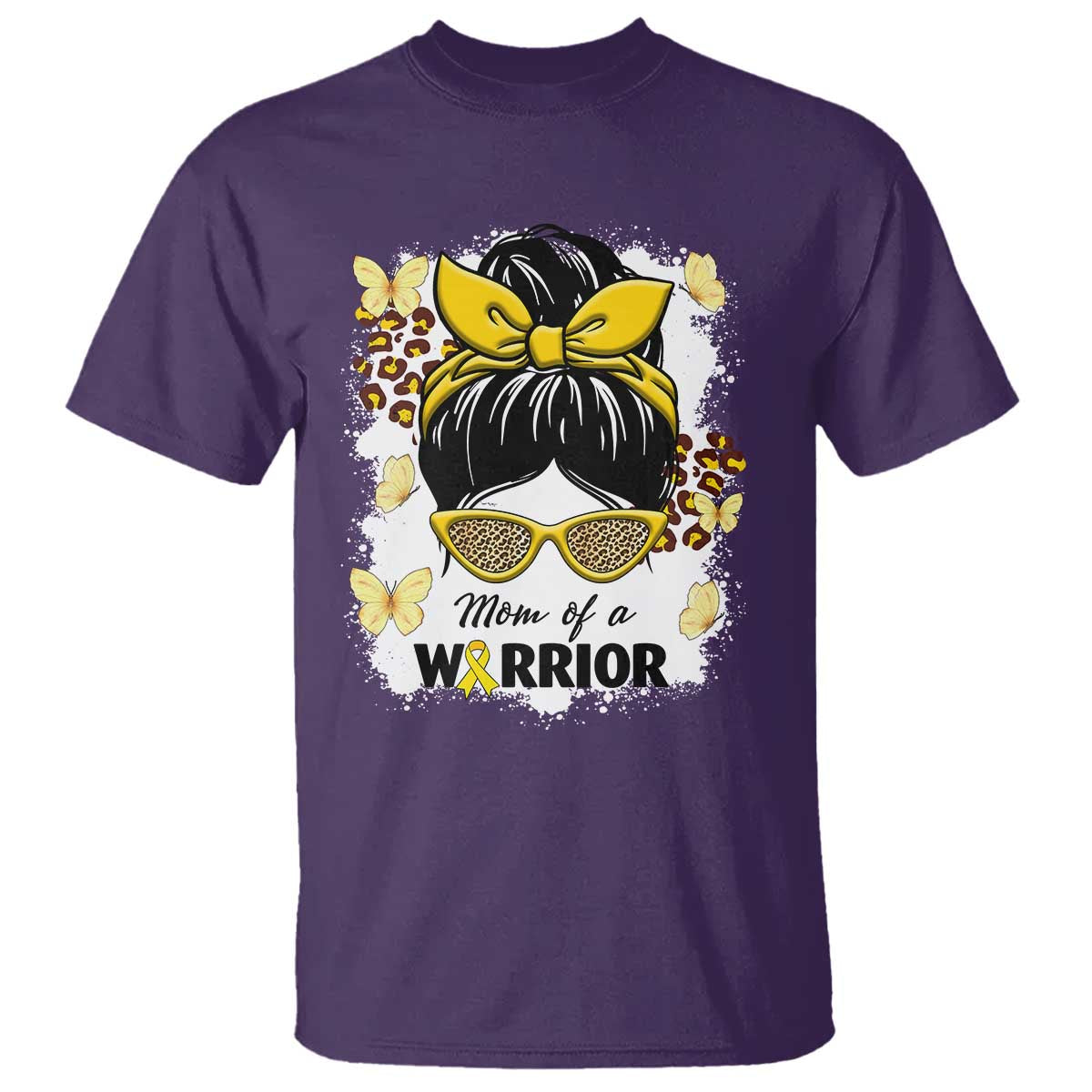 Childhood Cancer Warrior Support T Shirt Mom Of A Warrior Messy Bun Gold Ribbon Support Squad