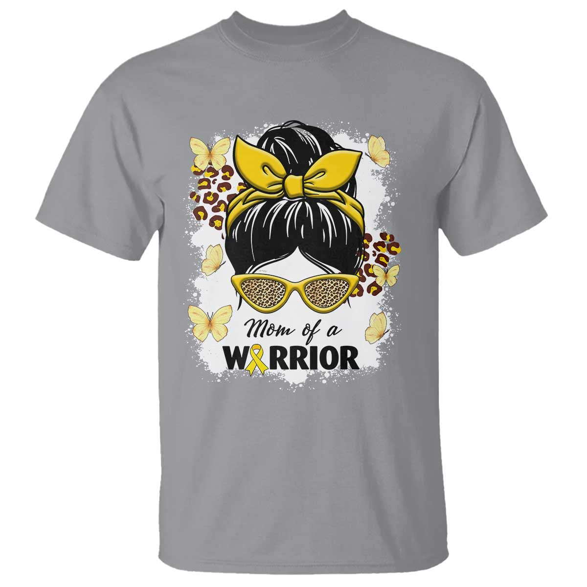 Childhood Cancer Warrior Support T Shirt Mom Of A Warrior Messy Bun Gold Ribbon Support Squad