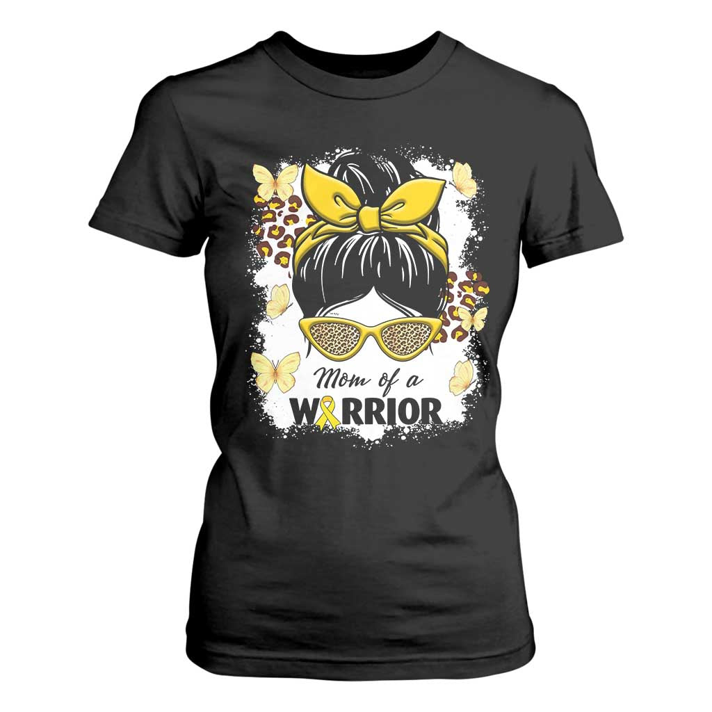 Childhood Cancer Warrior Support T Shirt For Women Mom Of A Warrior Messy Bun Gold Ribbon Support Squad