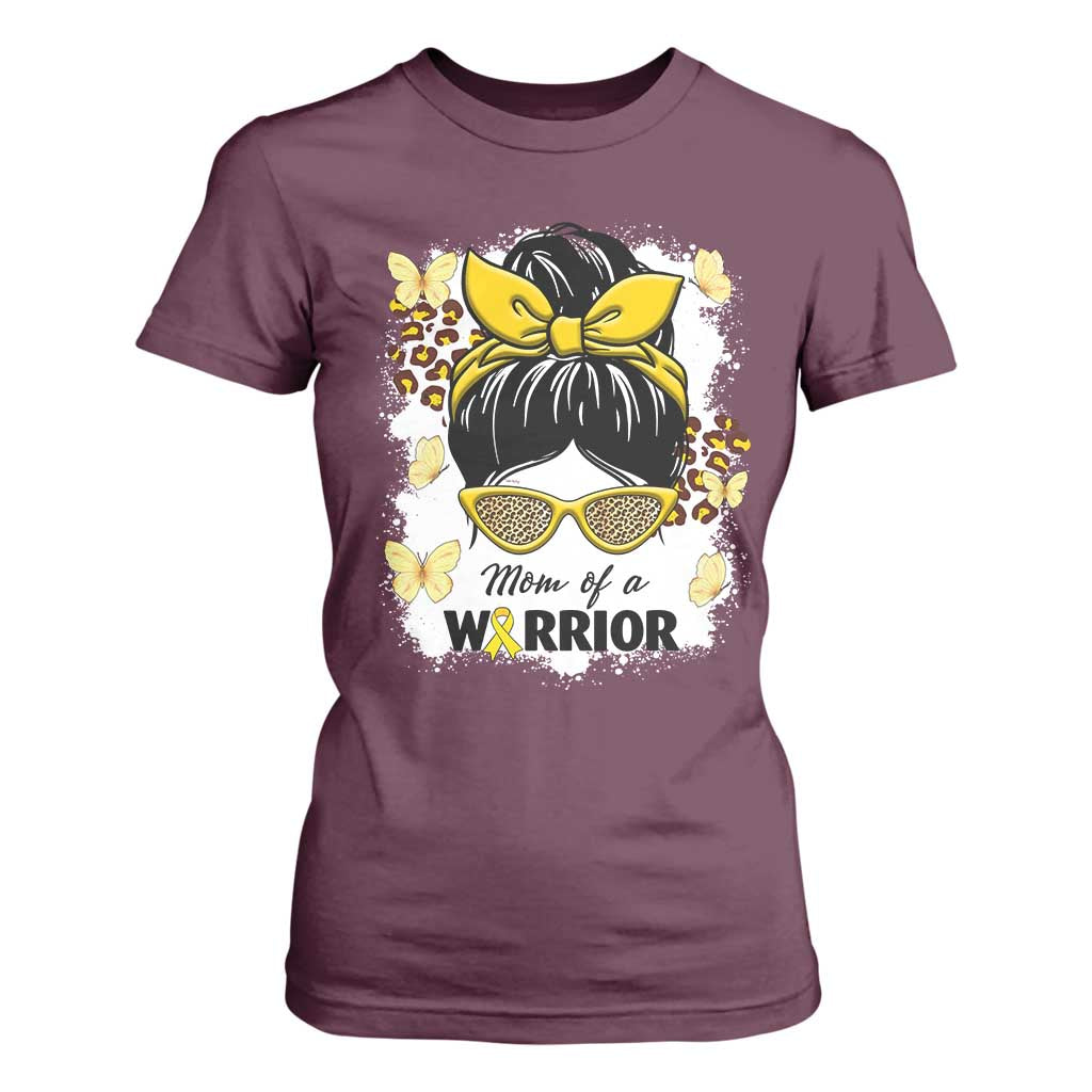 Childhood Cancer Warrior Support T Shirt For Women Mom Of A Warrior Messy Bun Gold Ribbon Support Squad