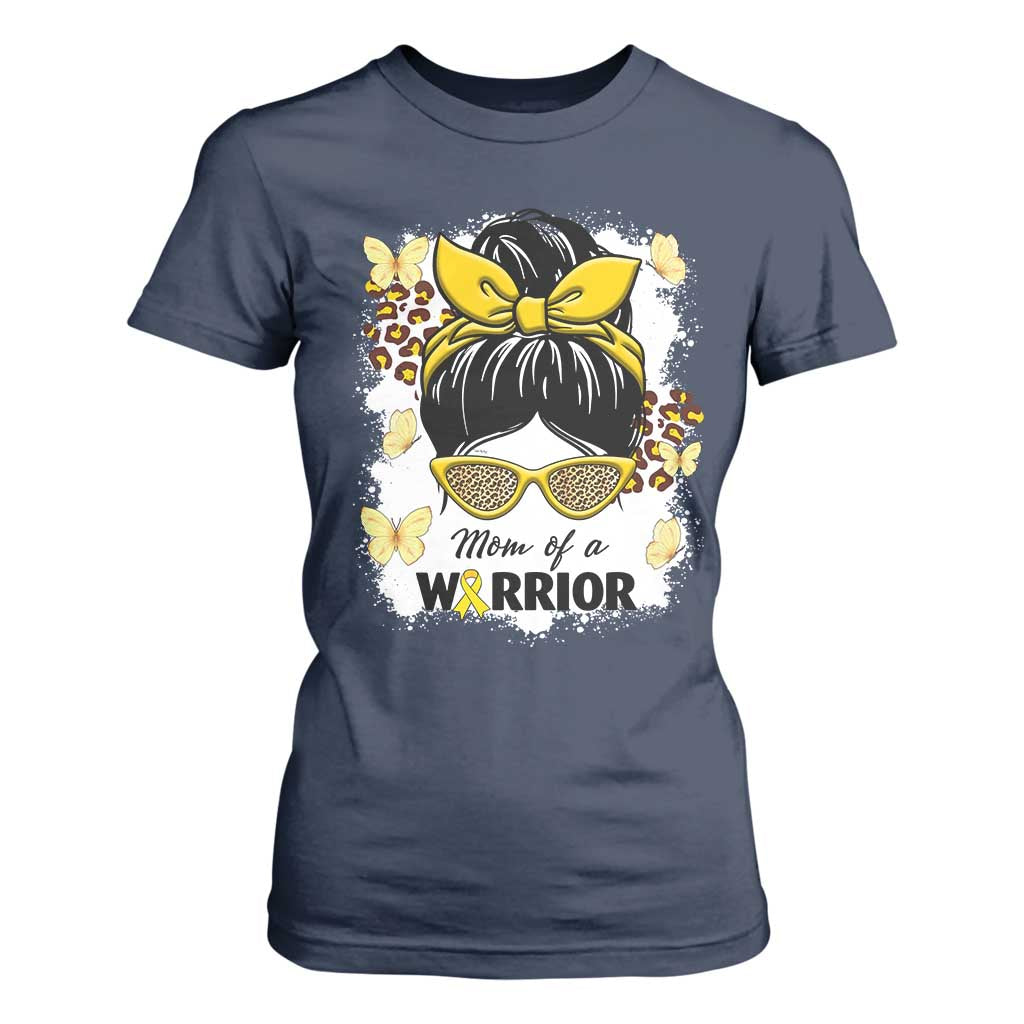 Childhood Cancer Warrior Support T Shirt For Women Mom Of A Warrior Messy Bun Gold Ribbon Support Squad