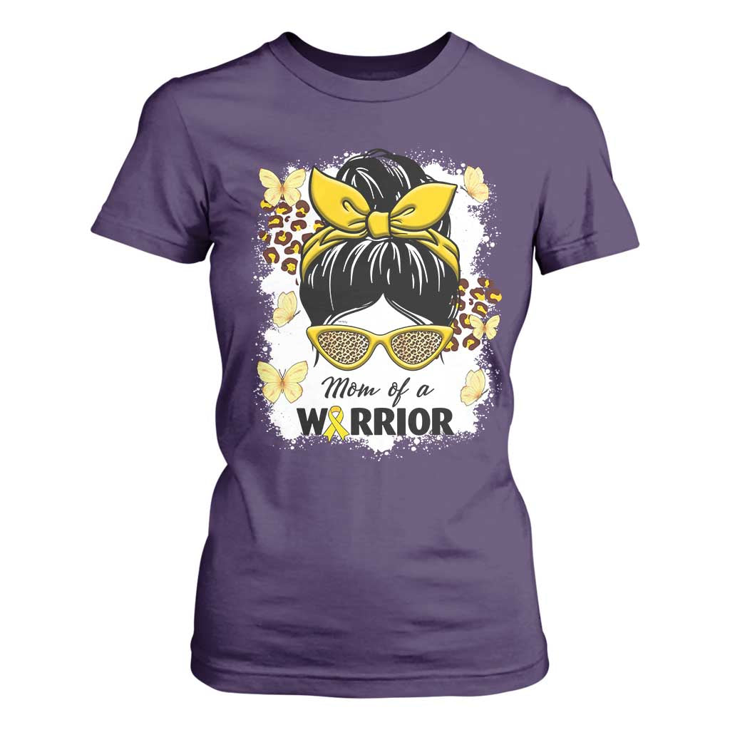 Childhood Cancer Warrior Support T Shirt For Women Mom Of A Warrior Messy Bun Gold Ribbon Support Squad