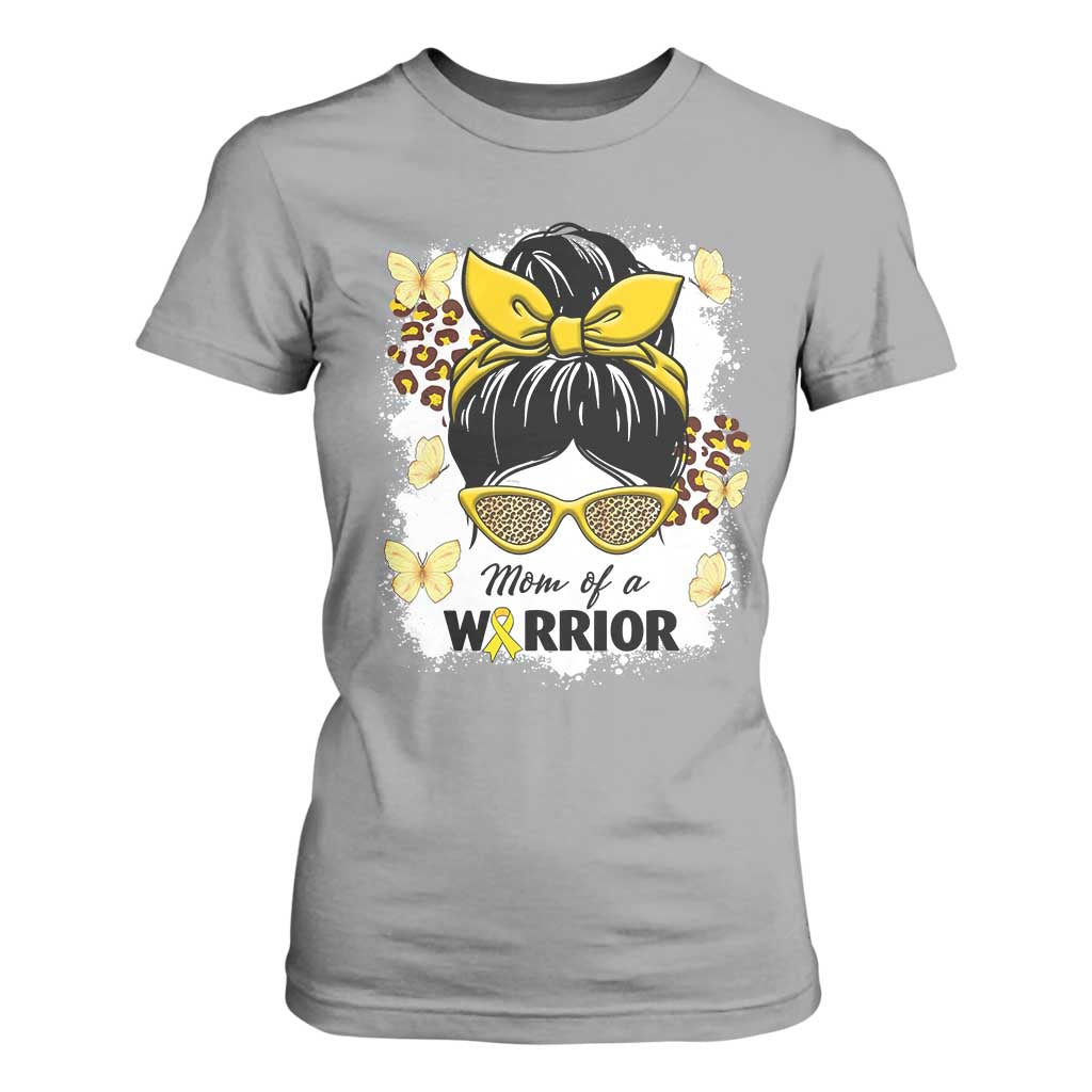 Childhood Cancer Warrior Support T Shirt For Women Mom Of A Warrior Messy Bun Gold Ribbon Support Squad