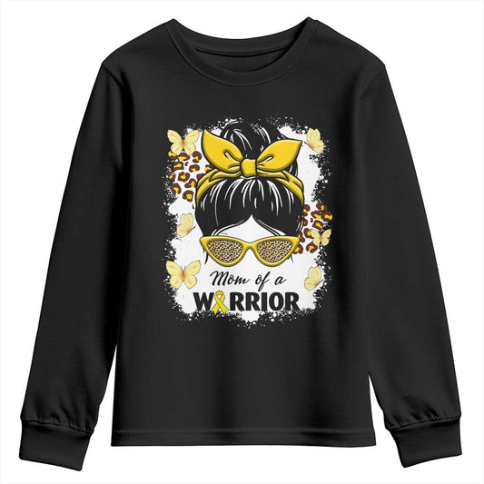 Childhood Cancer Warrior Support Youth Sweatshirt Mom Of A Warrior Messy Bun Gold Ribbon Support Squad