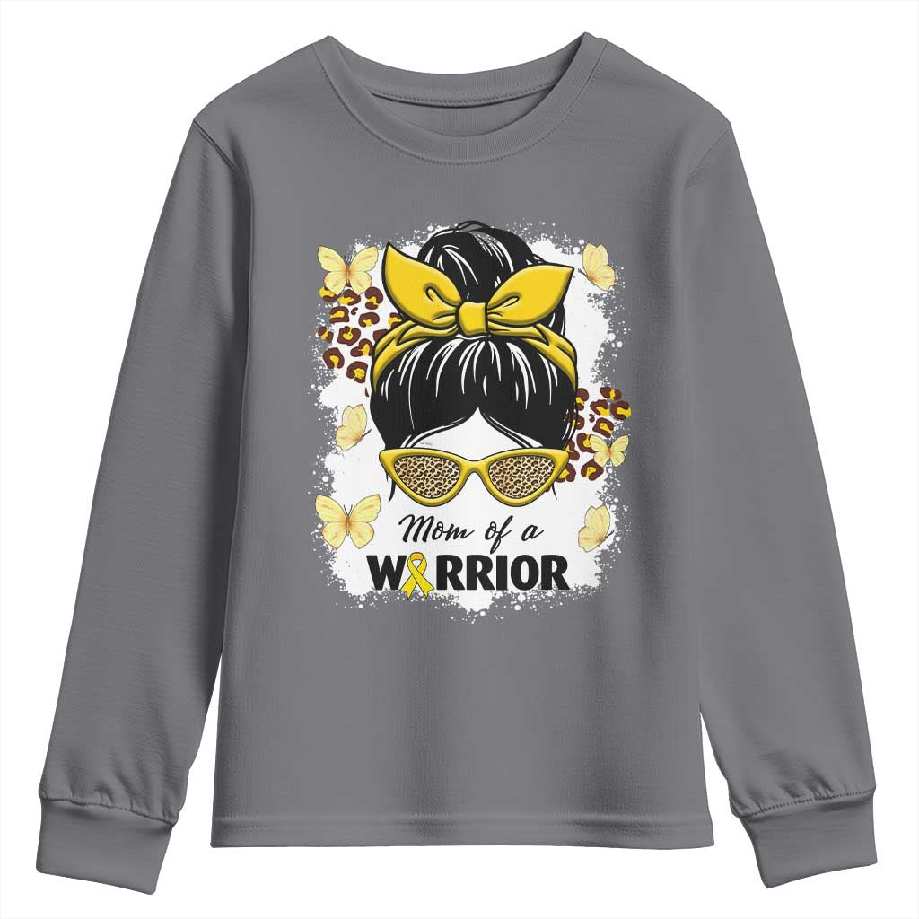 Childhood Cancer Warrior Support Youth Sweatshirt Mom Of A Warrior Messy Bun Gold Ribbon Support Squad
