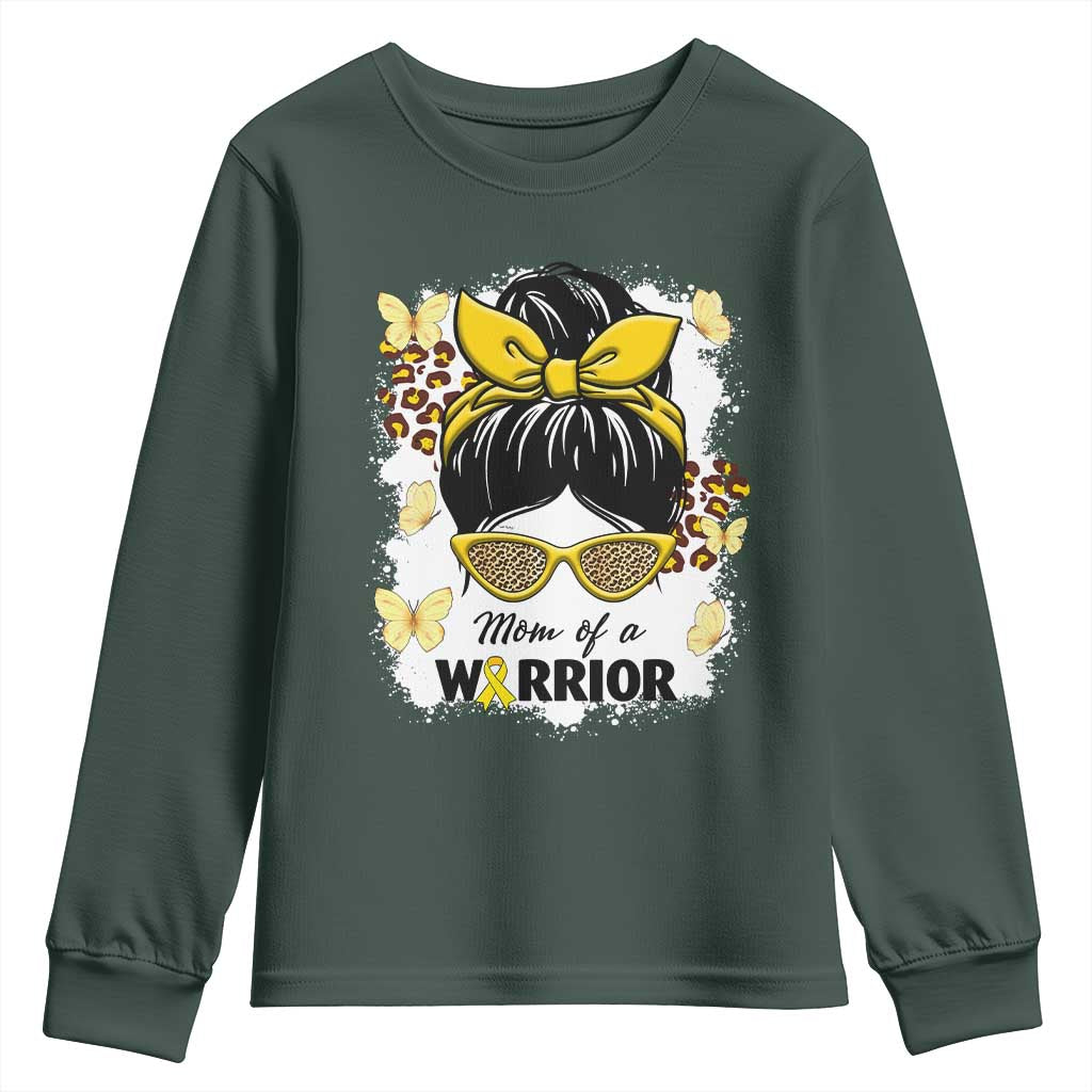 Childhood Cancer Warrior Support Youth Sweatshirt Mom Of A Warrior Messy Bun Gold Ribbon Support Squad