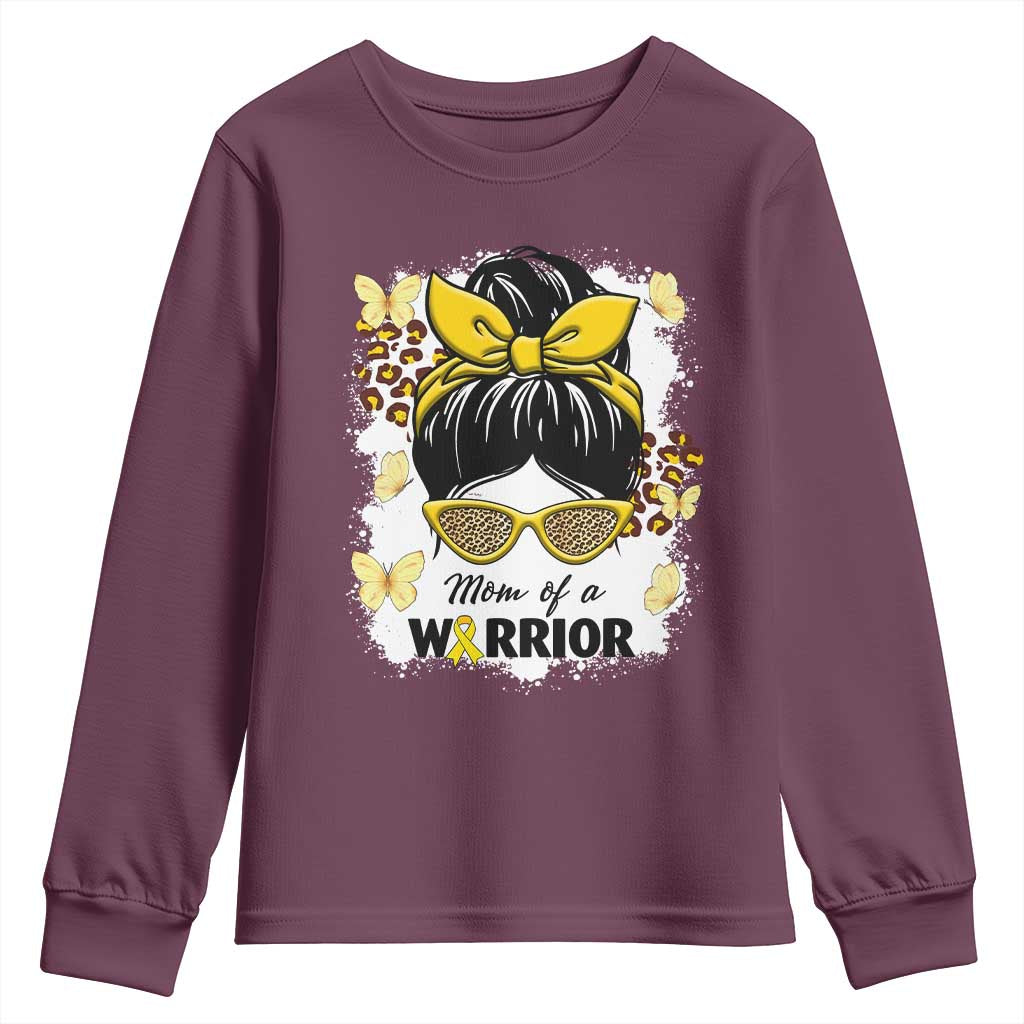 Childhood Cancer Warrior Support Youth Sweatshirt Mom Of A Warrior Messy Bun Gold Ribbon Support Squad