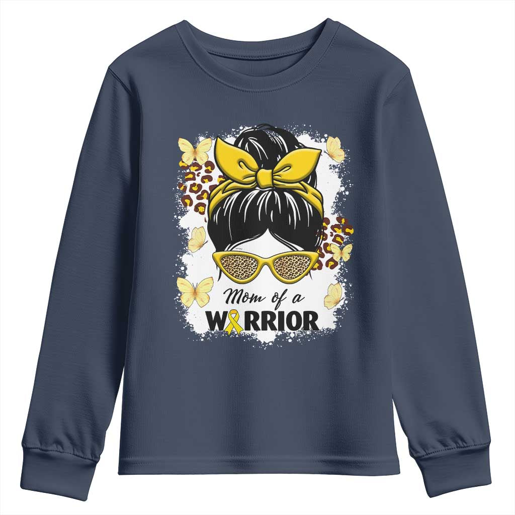 Childhood Cancer Warrior Support Youth Sweatshirt Mom Of A Warrior Messy Bun Gold Ribbon Support Squad