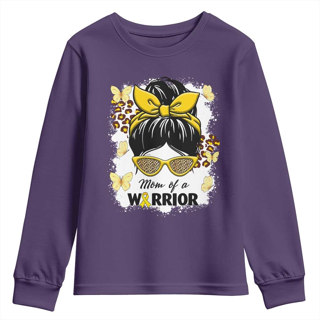 Childhood Cancer Warrior Support Youth Sweatshirt Mom Of A Warrior Messy Bun Gold Ribbon Support Squad