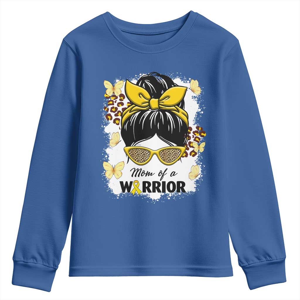 Childhood Cancer Warrior Support Youth Sweatshirt Mom Of A Warrior Messy Bun Gold Ribbon Support Squad