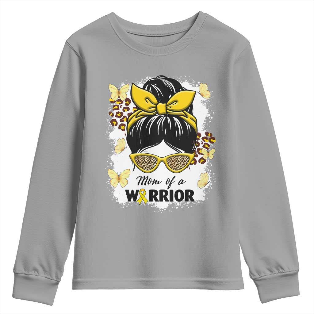 Childhood Cancer Warrior Support Youth Sweatshirt Mom Of A Warrior Messy Bun Gold Ribbon Support Squad
