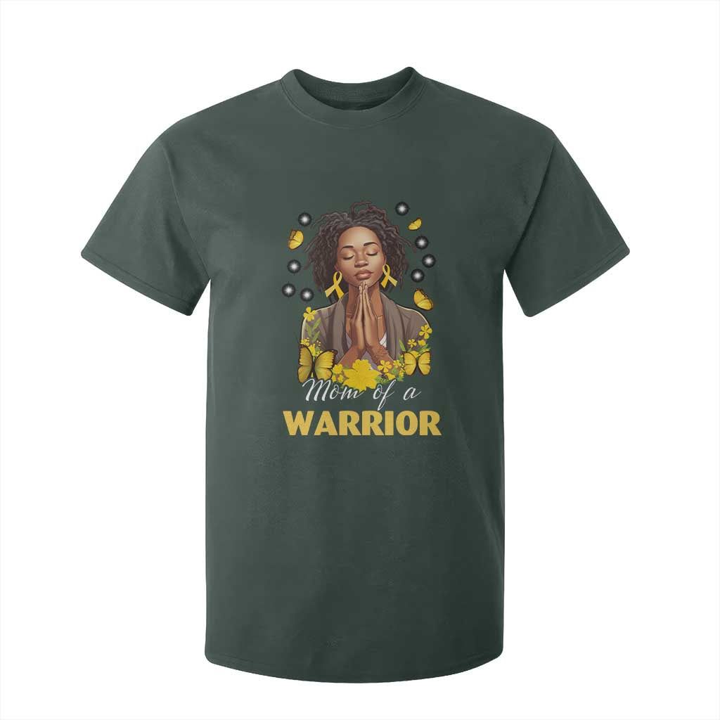 Childhood Cancer Warrior Support T Shirt For Kid Mom Of A Warrior Messy Bun Melanin Gold Ribbon Support Squad