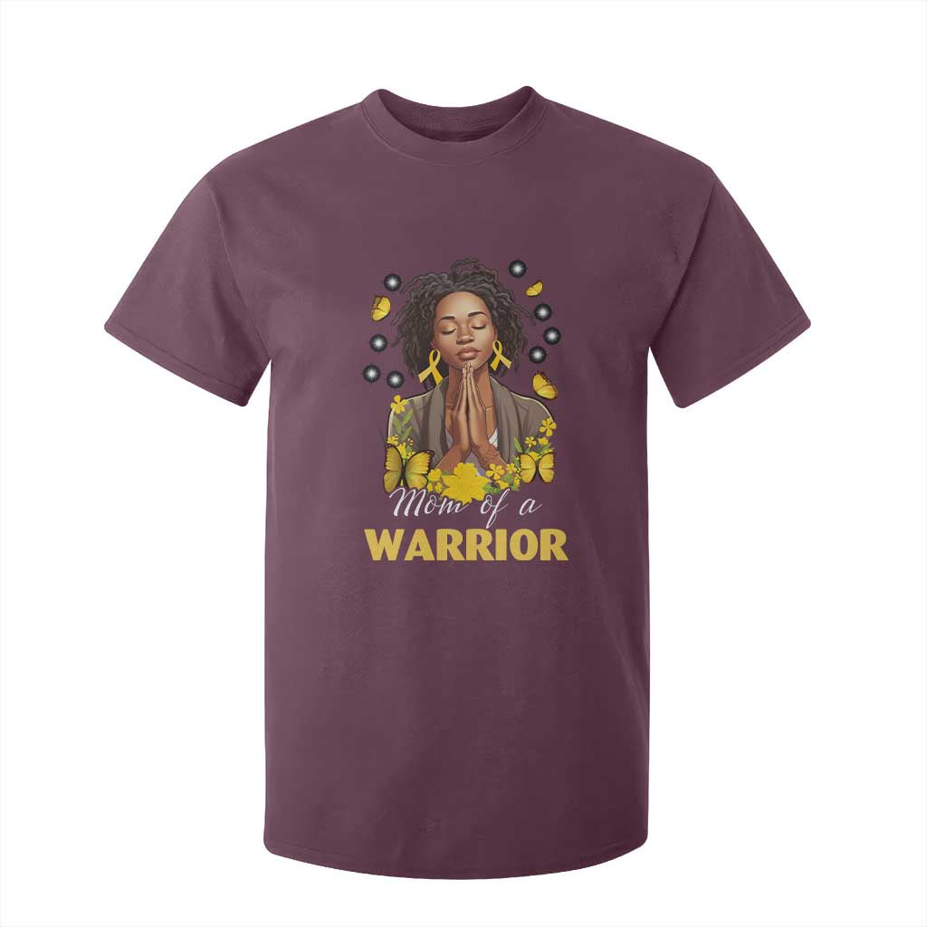 Childhood Cancer Warrior Support T Shirt For Kid Mom Of A Warrior Messy Bun Melanin Gold Ribbon Support Squad