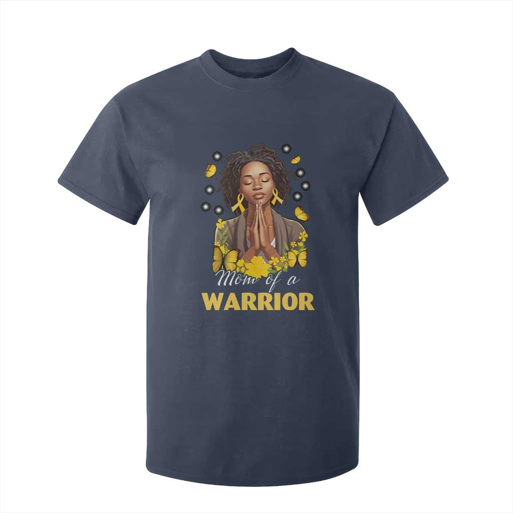 Childhood Cancer Warrior Support T Shirt For Kid Mom Of A Warrior Messy Bun Melanin Gold Ribbon Support Squad