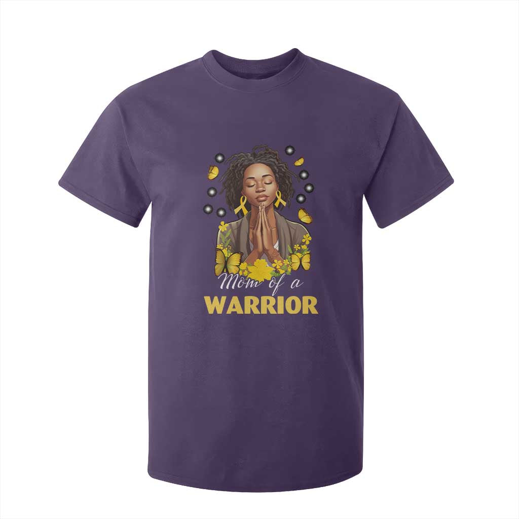 Childhood Cancer Warrior Support T Shirt For Kid Mom Of A Warrior Messy Bun Melanin Gold Ribbon Support Squad