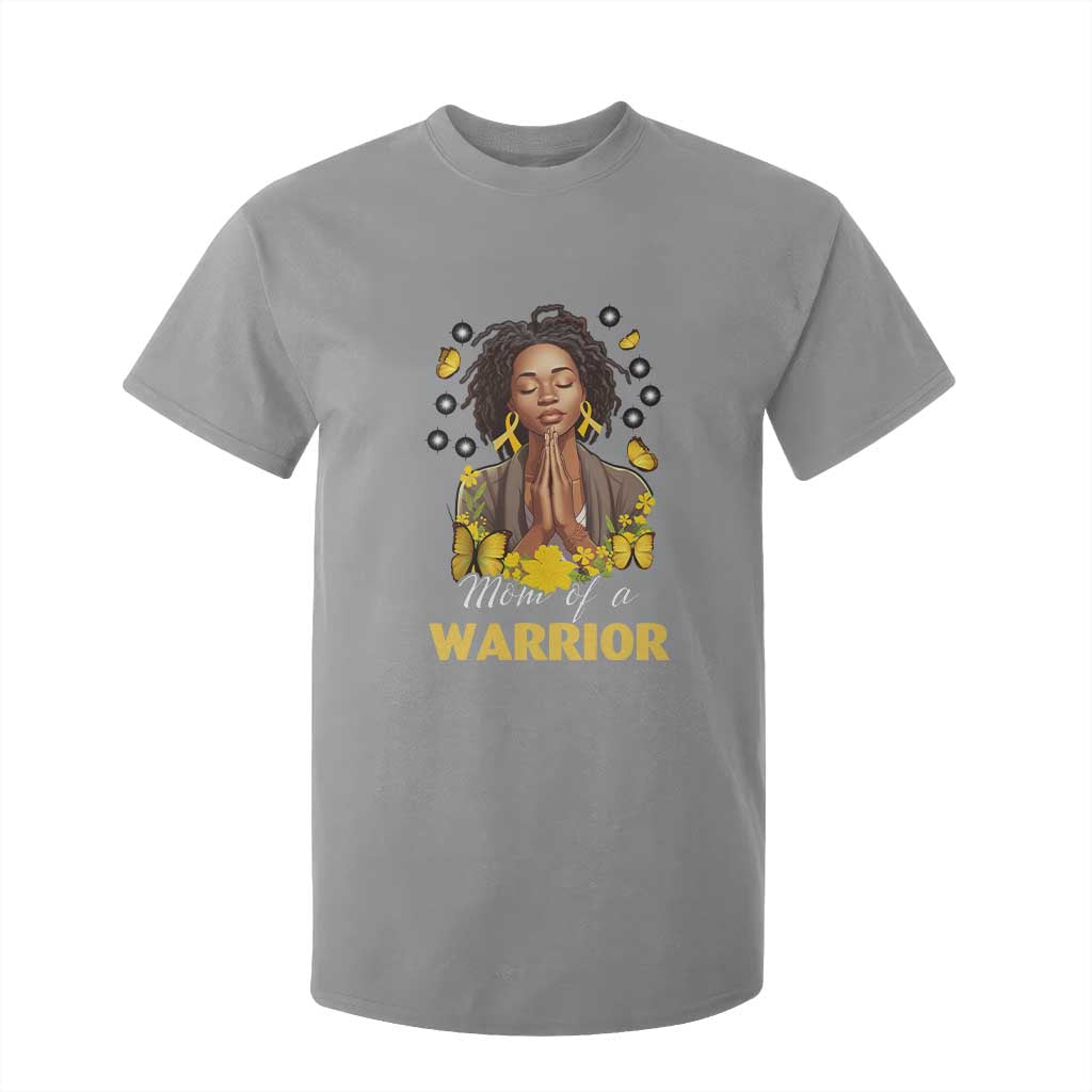 Childhood Cancer Warrior Support T Shirt For Kid Mom Of A Warrior Messy Bun Melanin Gold Ribbon Support Squad