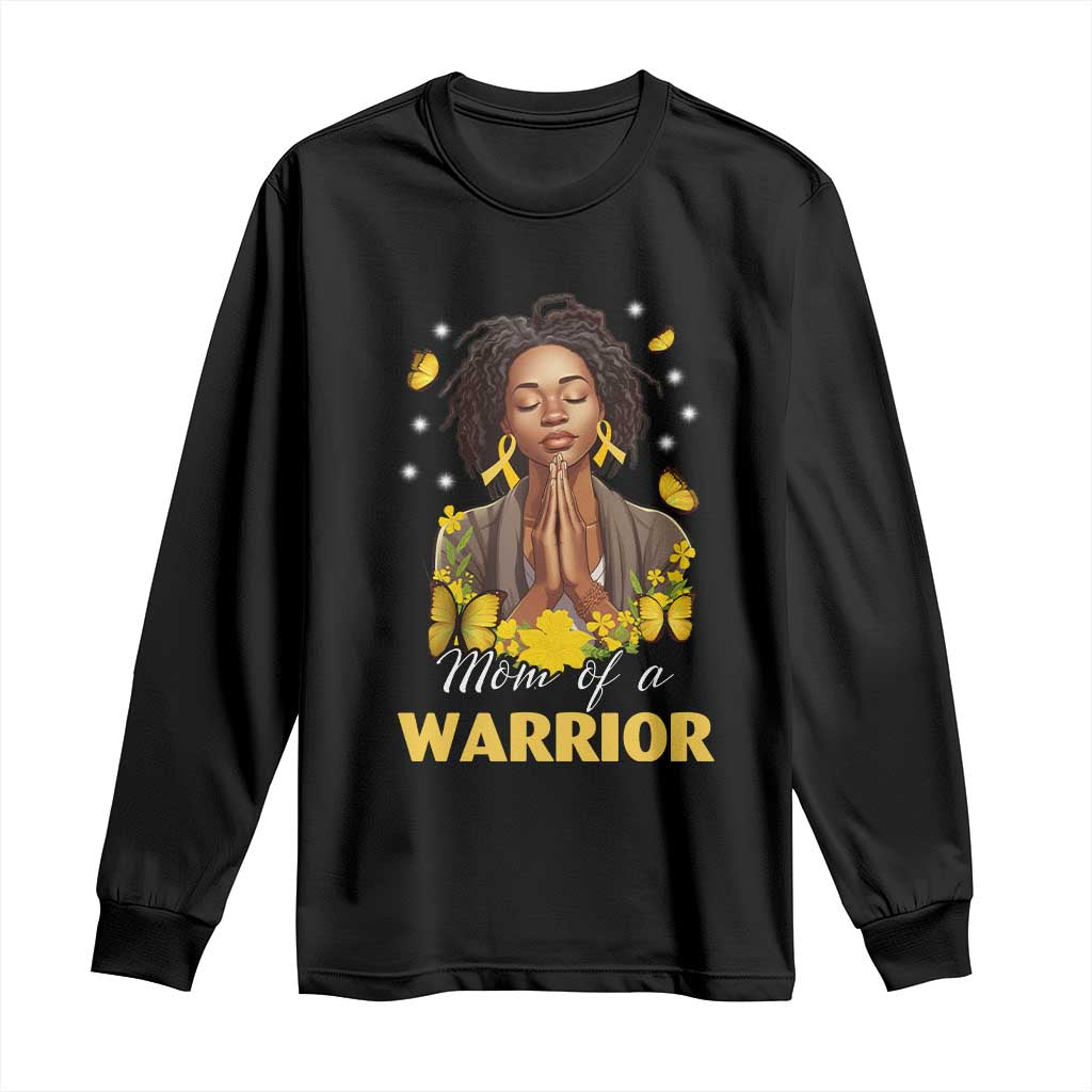 Childhood Cancer Warrior Support Long Sleeve Shirt Mom Of A Warrior Messy Bun Melanin Gold Ribbon Support Squad