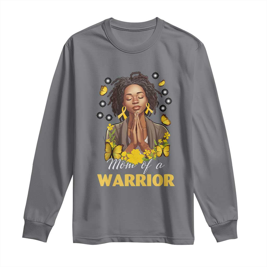 Childhood Cancer Warrior Support Long Sleeve Shirt Mom Of A Warrior Messy Bun Melanin Gold Ribbon Support Squad