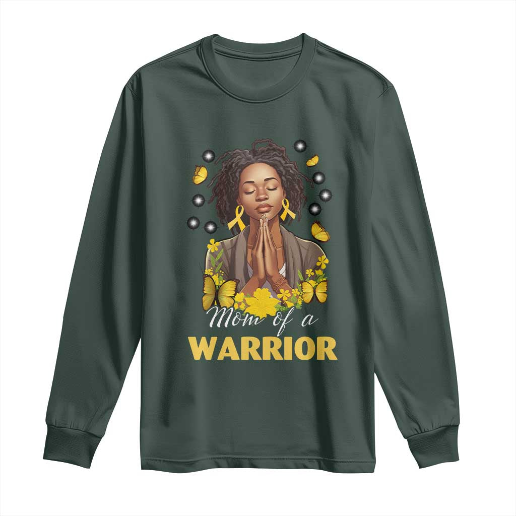 Childhood Cancer Warrior Support Long Sleeve Shirt Mom Of A Warrior Messy Bun Melanin Gold Ribbon Support Squad