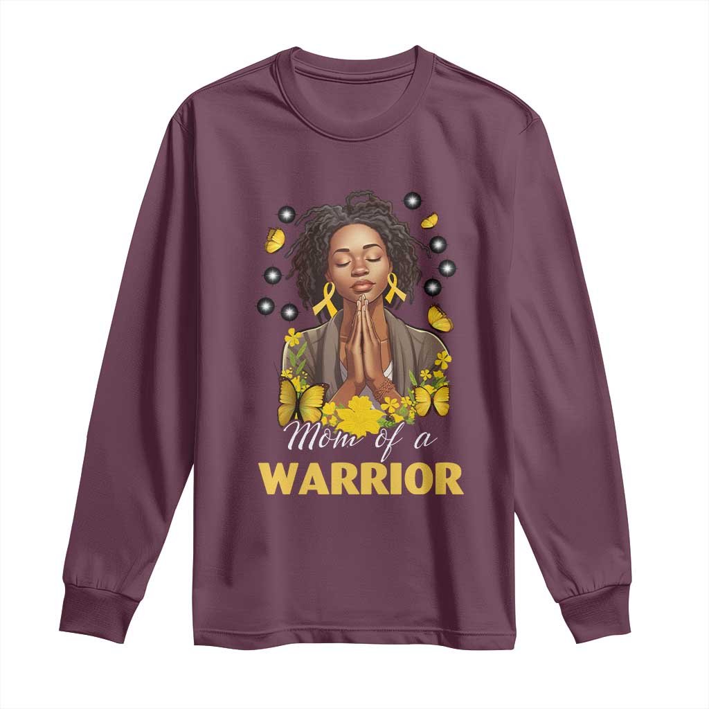 Childhood Cancer Warrior Support Long Sleeve Shirt Mom Of A Warrior Messy Bun Melanin Gold Ribbon Support Squad