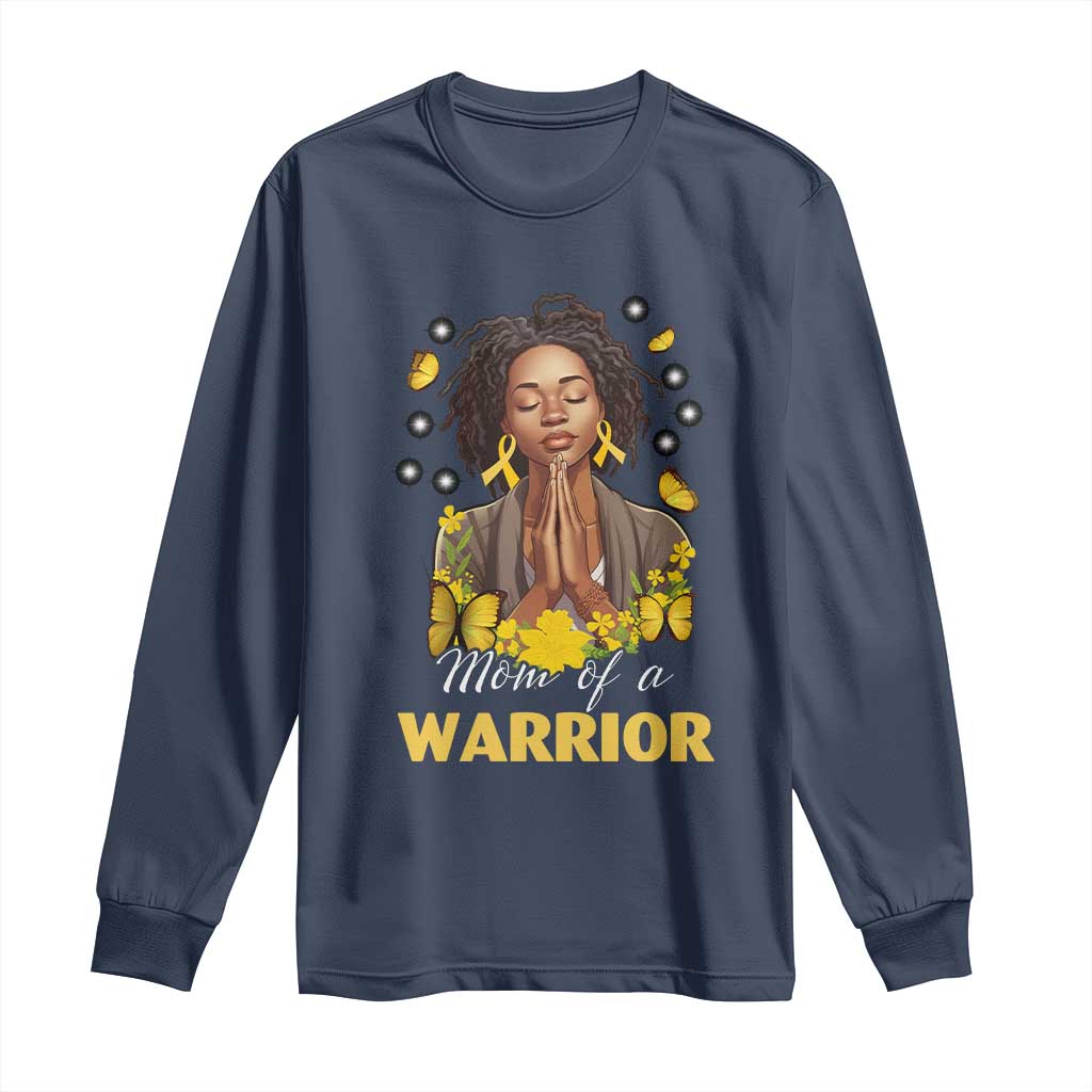 Childhood Cancer Warrior Support Long Sleeve Shirt Mom Of A Warrior Messy Bun Melanin Gold Ribbon Support Squad