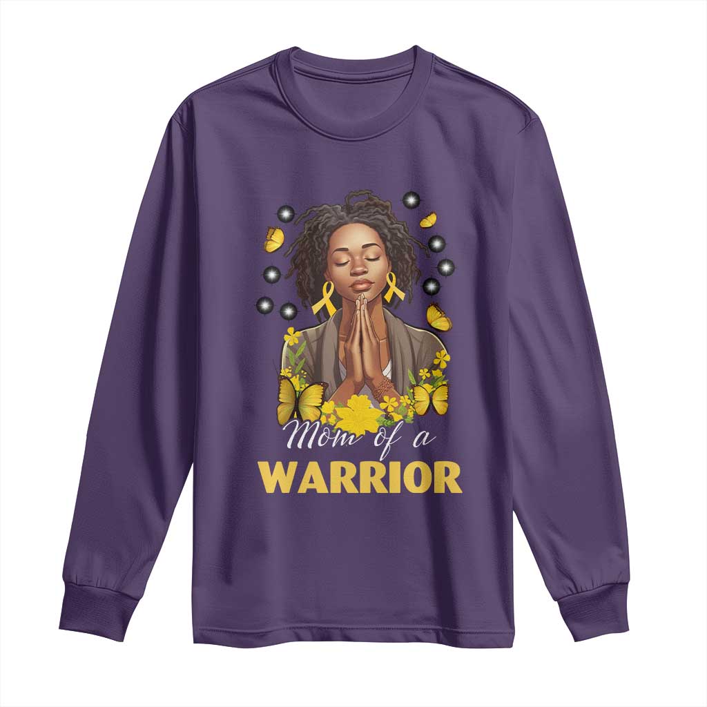 Childhood Cancer Warrior Support Long Sleeve Shirt Mom Of A Warrior Messy Bun Melanin Gold Ribbon Support Squad