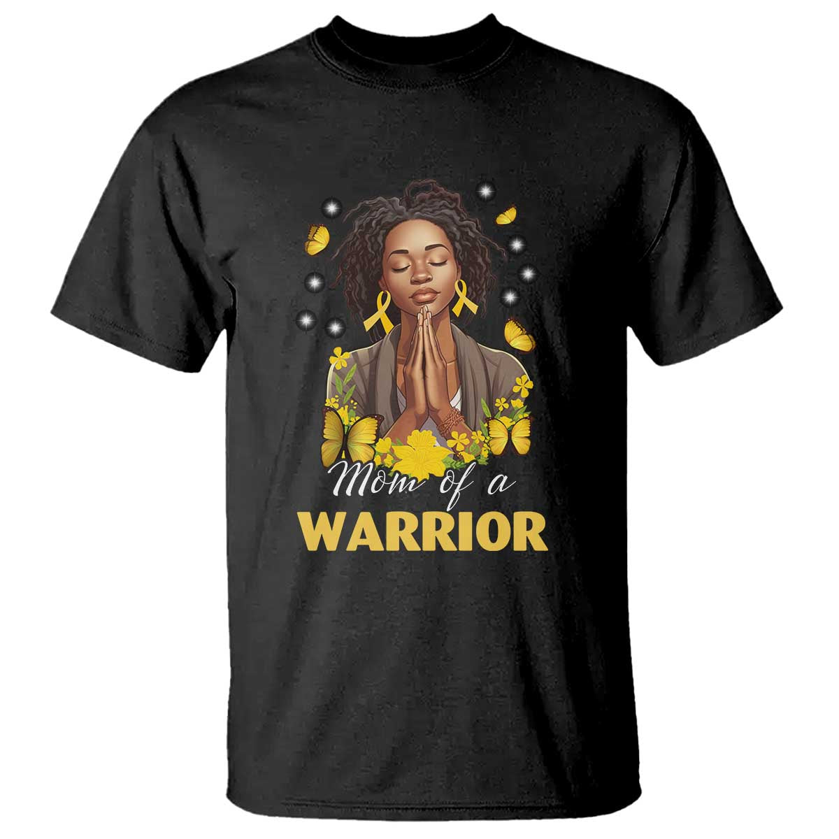 Childhood Cancer Warrior Support T Shirt Mom Of A Warrior Messy Bun Melanin Gold Ribbon Support Squad