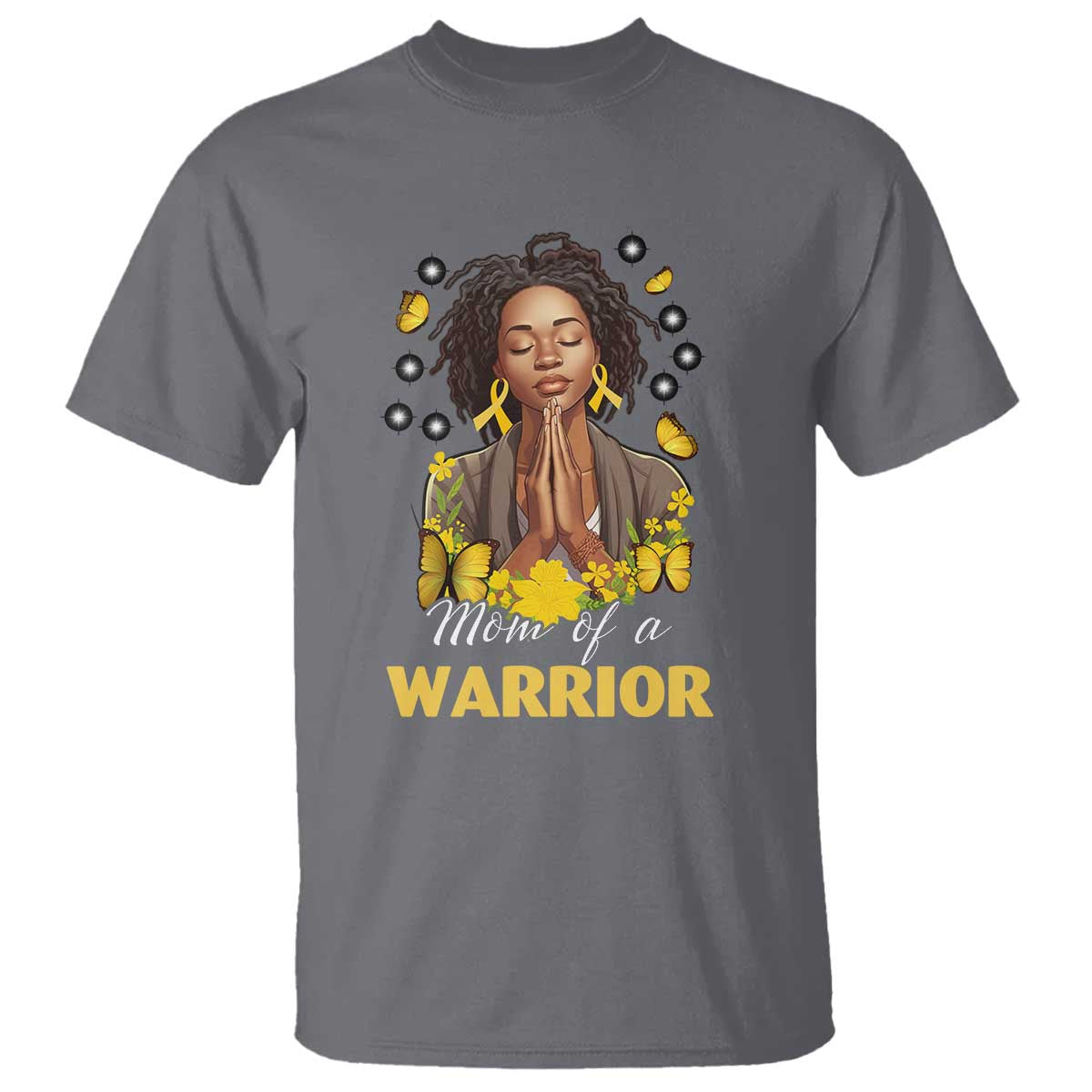 Childhood Cancer Warrior Support T Shirt Mom Of A Warrior Messy Bun Melanin Gold Ribbon Support Squad