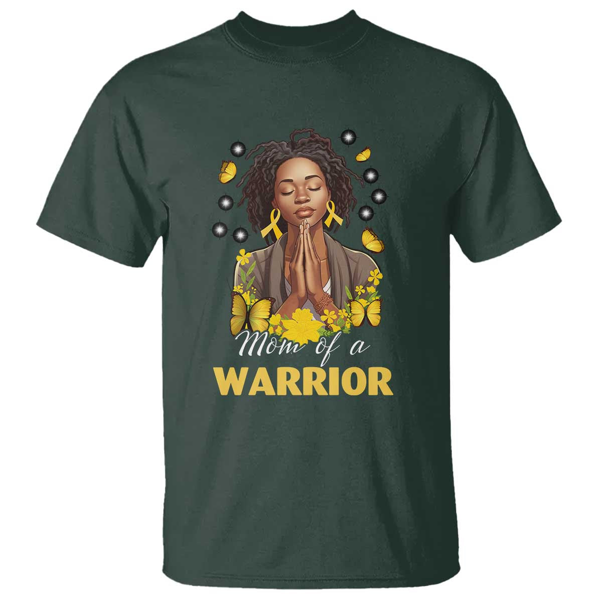 Childhood Cancer Warrior Support T Shirt Mom Of A Warrior Messy Bun Melanin Gold Ribbon Support Squad