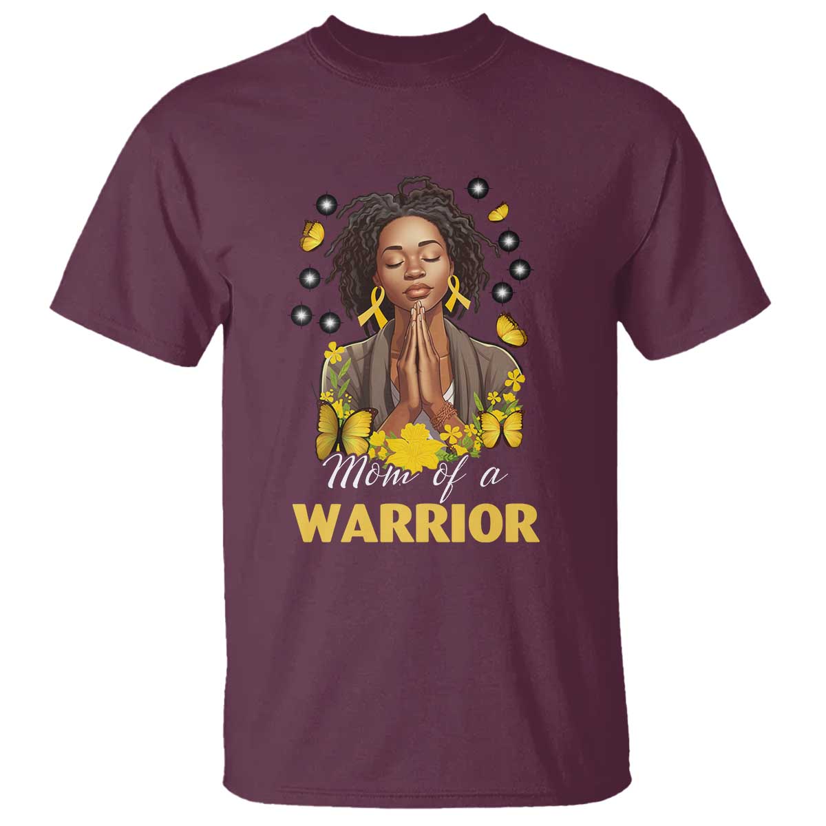 Childhood Cancer Warrior Support T Shirt Mom Of A Warrior Messy Bun Melanin Gold Ribbon Support Squad