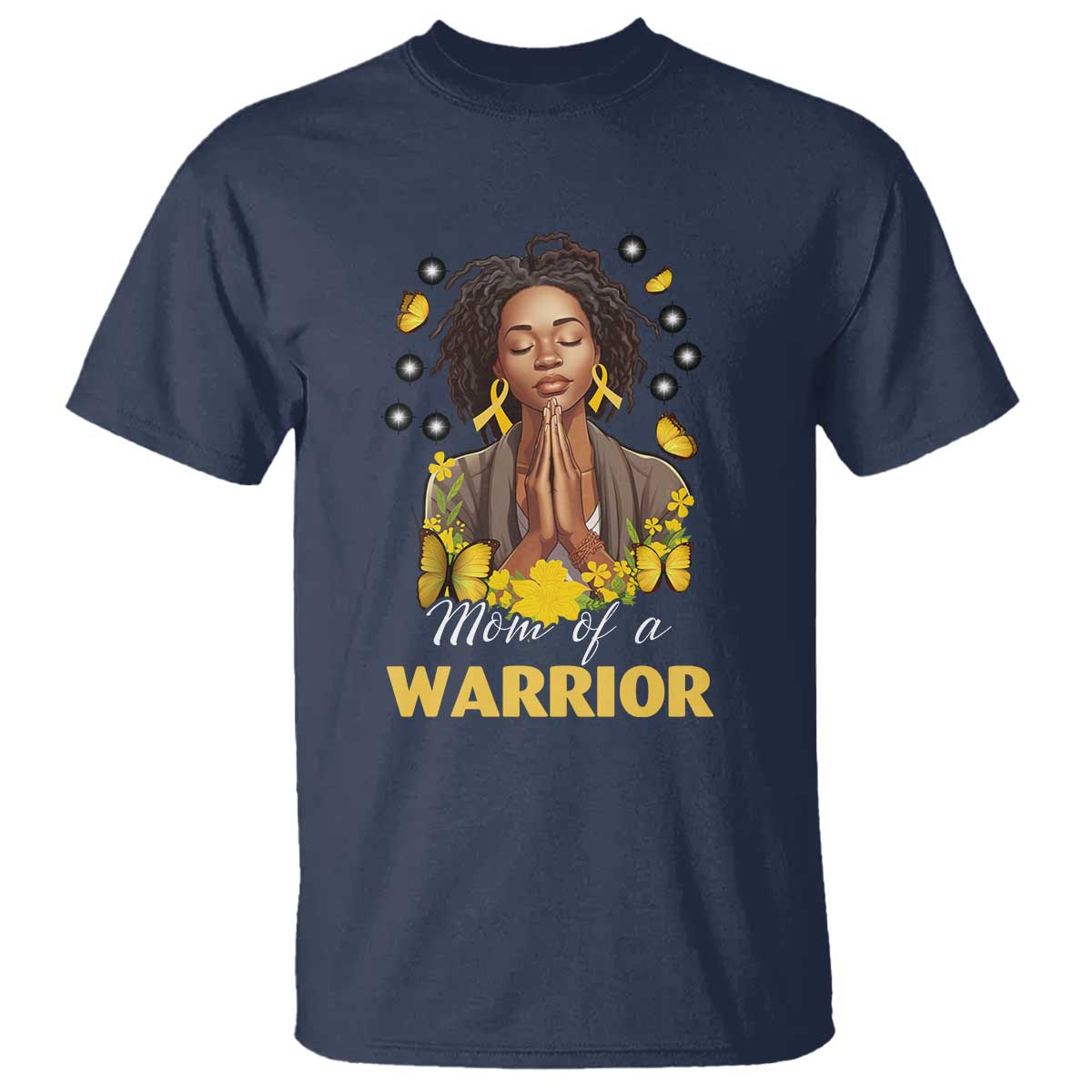 Childhood Cancer Warrior Support T Shirt Mom Of A Warrior Messy Bun Melanin Gold Ribbon Support Squad