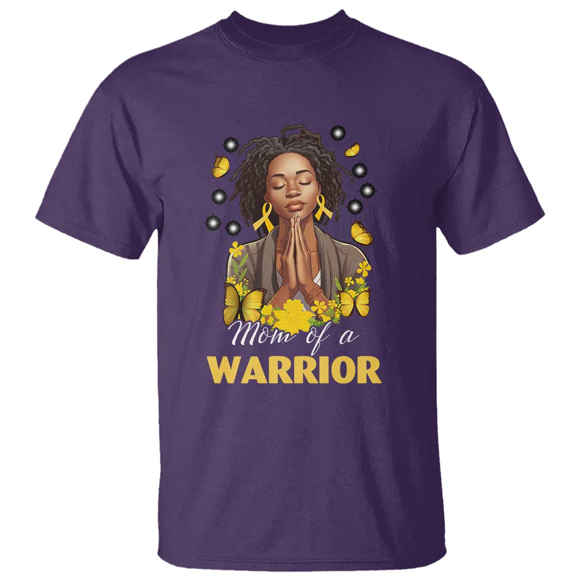 Childhood Cancer Warrior Support T Shirt Mom Of A Warrior Messy Bun Melanin Gold Ribbon Support Squad