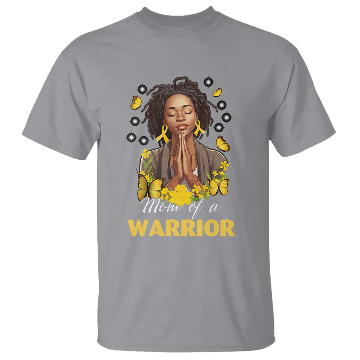 Childhood Cancer Warrior Support T Shirt Mom Of A Warrior Messy Bun Melanin Gold Ribbon Support Squad