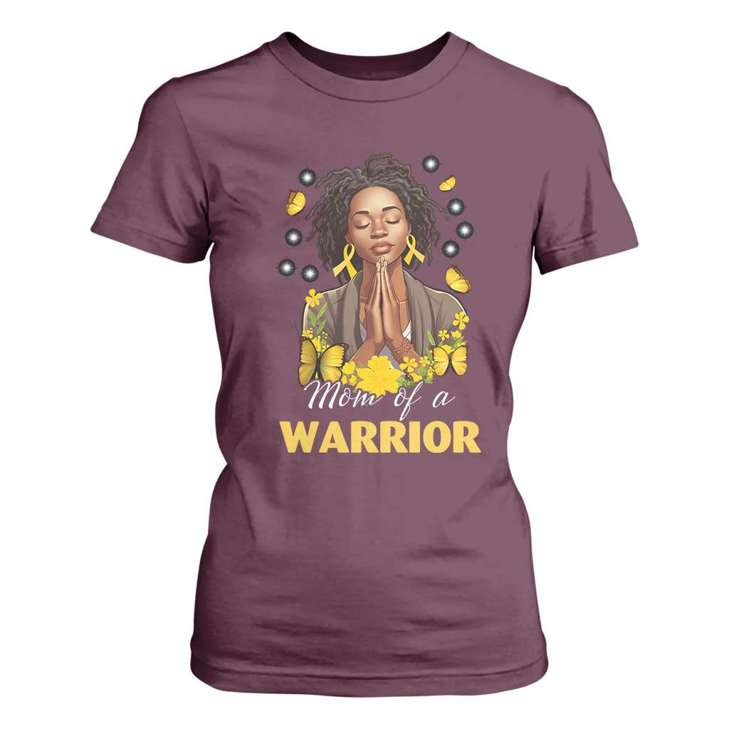 Childhood Cancer Warrior Support T Shirt For Women Mom Of A Warrior Messy Bun Melanin Gold Ribbon Support Squad