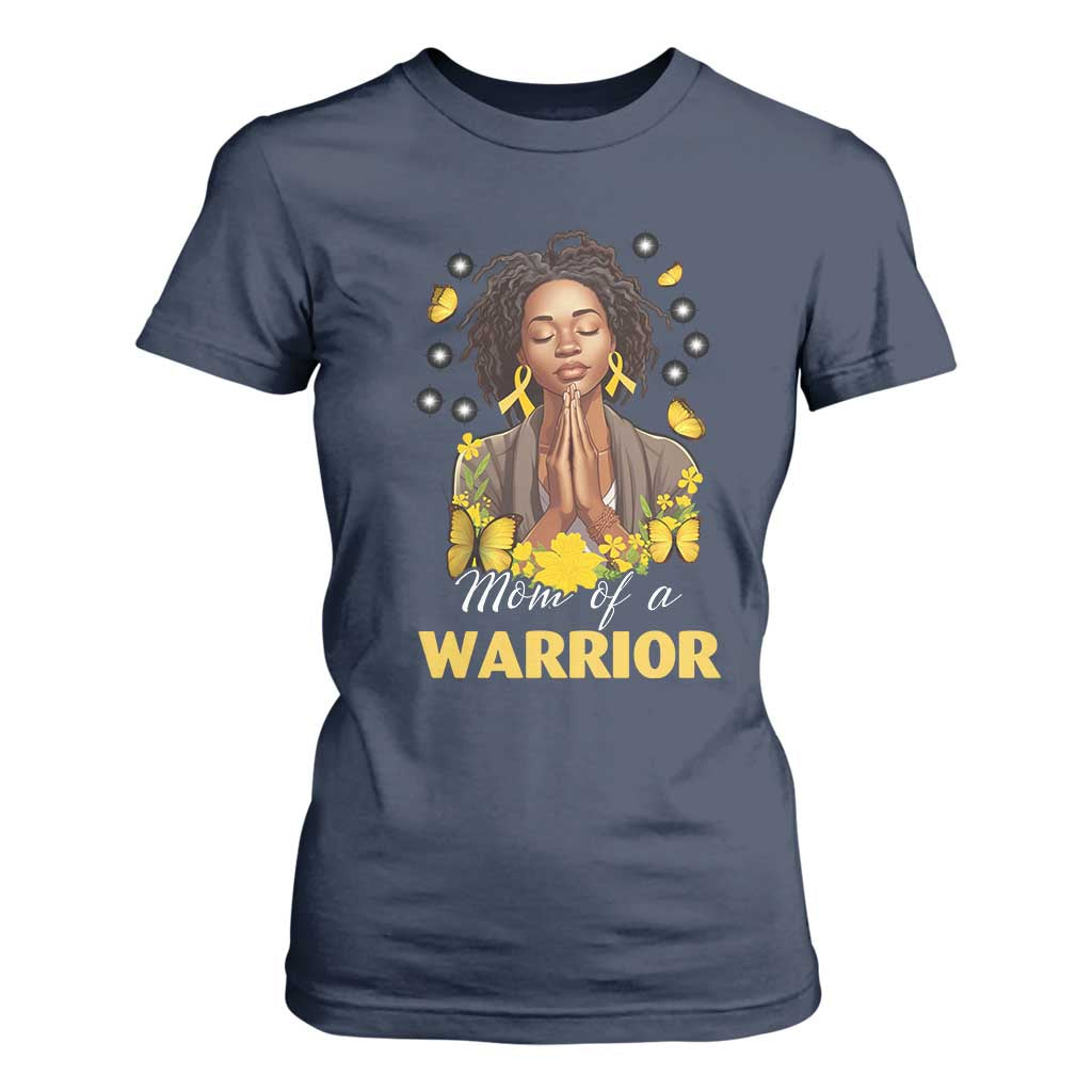 Childhood Cancer Warrior Support T Shirt For Women Mom Of A Warrior Messy Bun Melanin Gold Ribbon Support Squad