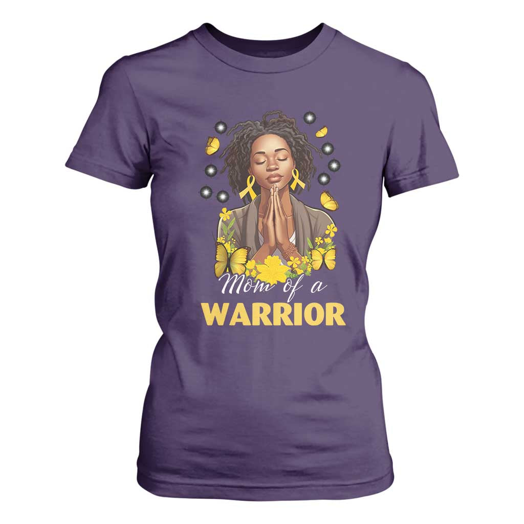 Childhood Cancer Warrior Support T Shirt For Women Mom Of A Warrior Messy Bun Melanin Gold Ribbon Support Squad