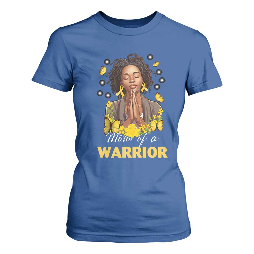 Childhood Cancer Warrior Support T Shirt For Women Mom Of A Warrior Messy Bun Melanin Gold Ribbon Support Squad