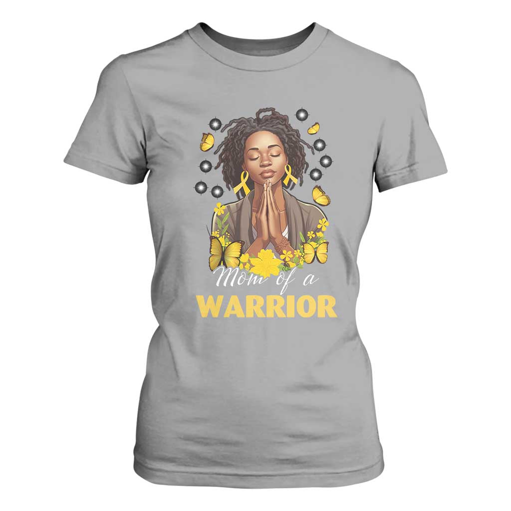 Childhood Cancer Warrior Support T Shirt For Women Mom Of A Warrior Messy Bun Melanin Gold Ribbon Support Squad