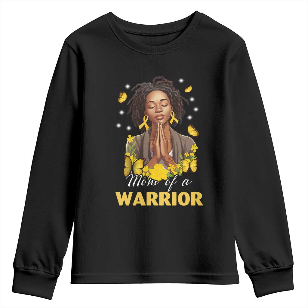 Childhood Cancer Warrior Support Youth Sweatshirt Mom Of A Warrior Messy Bun Melanin Gold Ribbon Support Squad