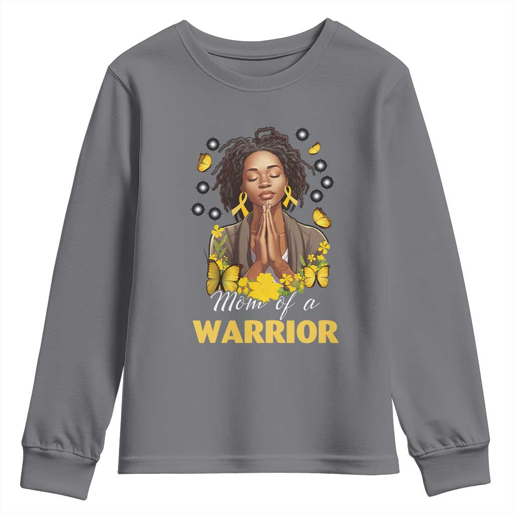 Childhood Cancer Warrior Support Youth Sweatshirt Mom Of A Warrior Messy Bun Melanin Gold Ribbon Support Squad