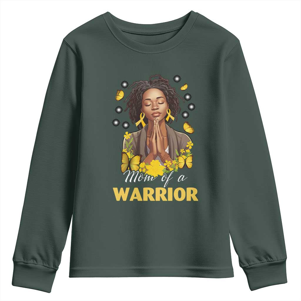 Childhood Cancer Warrior Support Youth Sweatshirt Mom Of A Warrior Messy Bun Melanin Gold Ribbon Support Squad