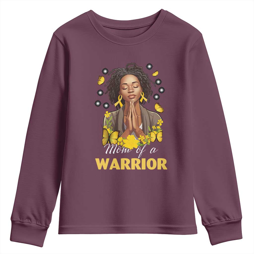 Childhood Cancer Warrior Support Youth Sweatshirt Mom Of A Warrior Messy Bun Melanin Gold Ribbon Support Squad